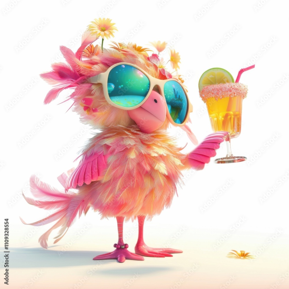 Fototapeta premium A 3D flamingo’s beaming smile complements the colorful cocktail it holds, reflecting a fun and lively mood in this vibrant scene.