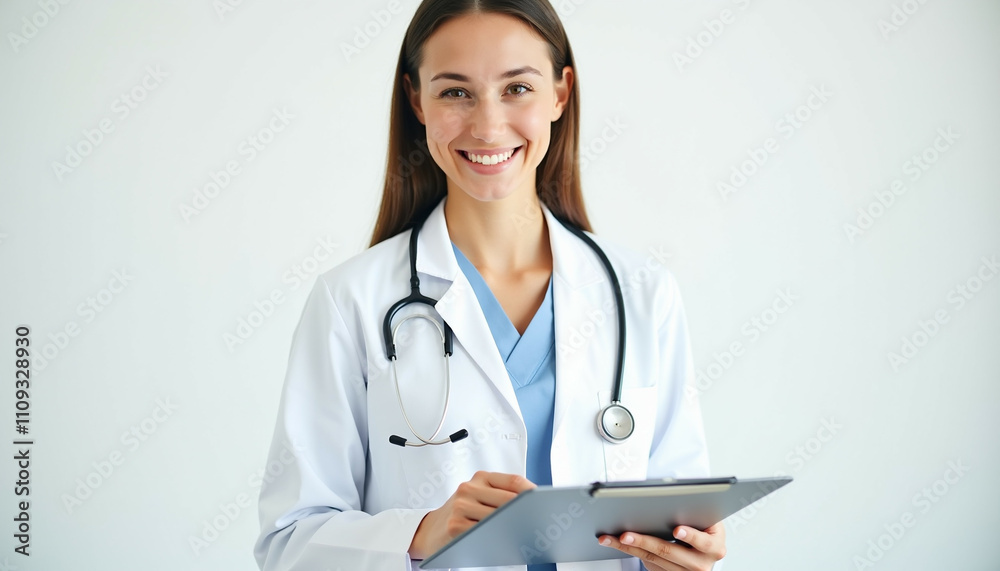 Smiling female doctor in white coat with clipboard shows professionalism. Smiling female doctor in white coat with clipboard shows professionalism.