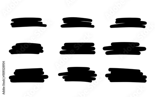 Black and white illustration of hand-drawn brush strokes, text box, horizontal abstract spots, vector. Decorative graphic silhouette of the background, places for quotation, isolated on a white 
