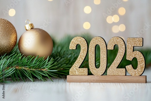 Festive new year 2025 celebration with golden decorations and holiday lights photo