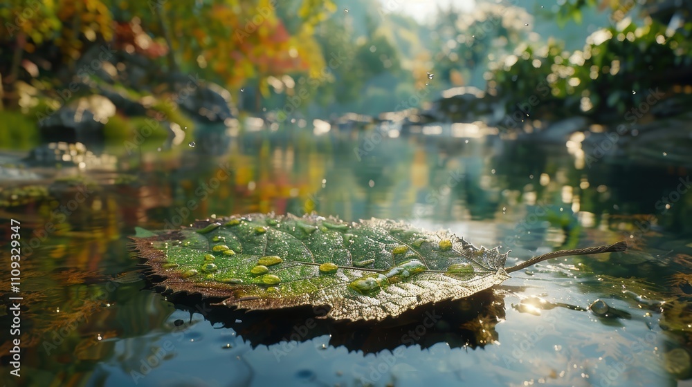 Fototapeta premium A close-up of a leaf floating on water, reflecting a serene natural scene.