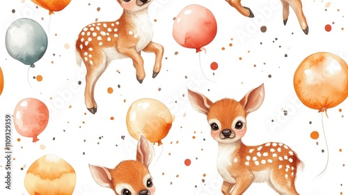 Seamless pattern featuring adorable baby deer floating with colorful balloons whimsical watercolor design for children s decor nursery art