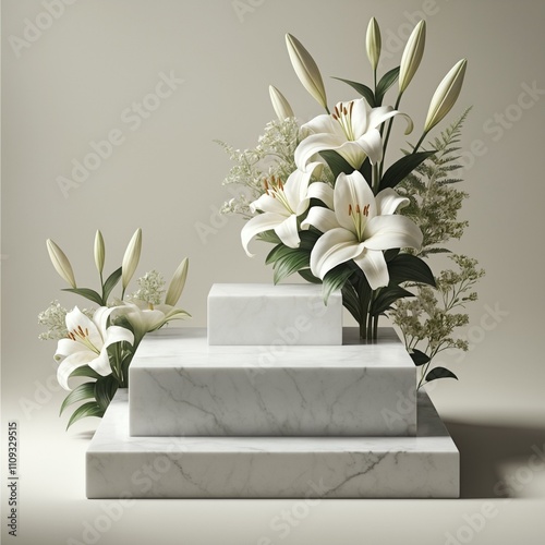Minimalist Marble Pedestal with Lilies and Greenery