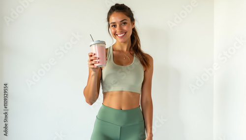 A smiling woman in sportswear holds a pink smoothie  healthy lifestyle concept.