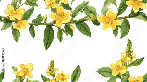 Seamless pattern of a loosestrife bush branch adorned with blooming yellow flowers and vibrant green leaves ideal for card designs and wedding invitations