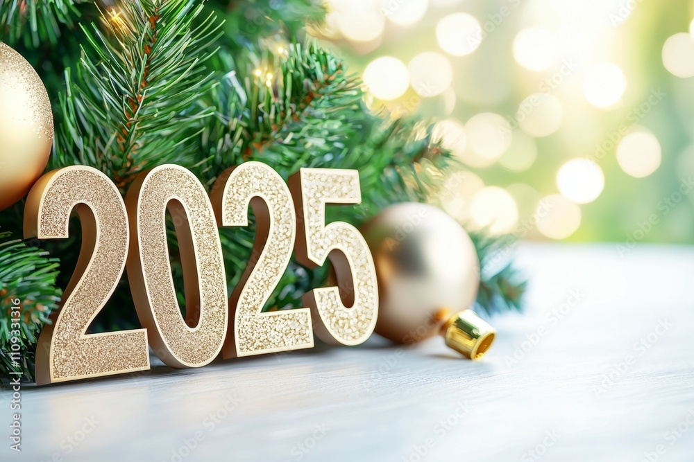 Glittering 2025 ornament with christmas tree and festive decorations Glittering 2025 ornament with christmas tree and festive decorations