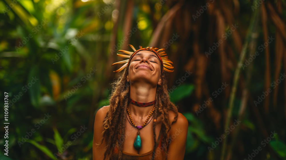 Woman in traditional shamanic attire enjoying nature's tranquility. Woman in traditional shamanic attire enjoying nature's tranquility.