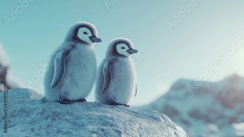 Cute Baby Penguins on an Icy Mountain in the Arctic. AI generated illustration