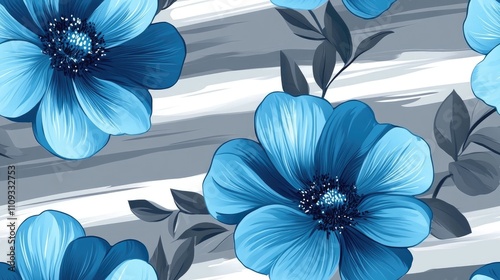 Seamless floral pattern featuring blue flowers on a gray background accented with white stripes perfect for textile design home decor or stationery
