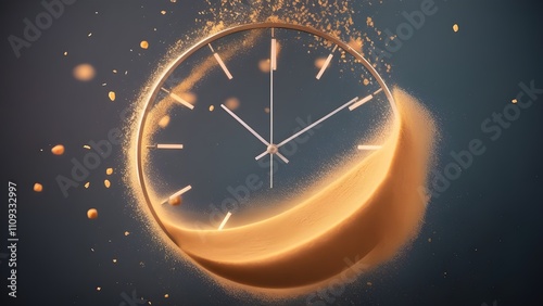 Floating glowing sand particles caught in motion above an abstract circular clock face photo