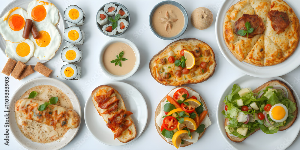 A vibrant and colorful flat-lay of diverse cuisines from around the world,This image showcases an inviting array of international food, perfect for illustrating restaurant menus, food blogs A vibrant and colorful flat-lay of diverse cuisines from around the world,This image showcases an inviting array of international food, perfect for illustrating restaurant menus, food blogs