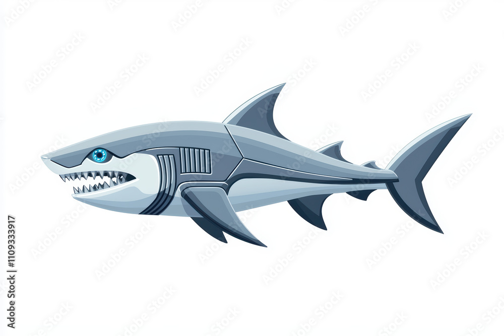 Obraz premium sleek, futuristic shark design with metallic features and sharp teeth, showcasing blend of technology and marine life