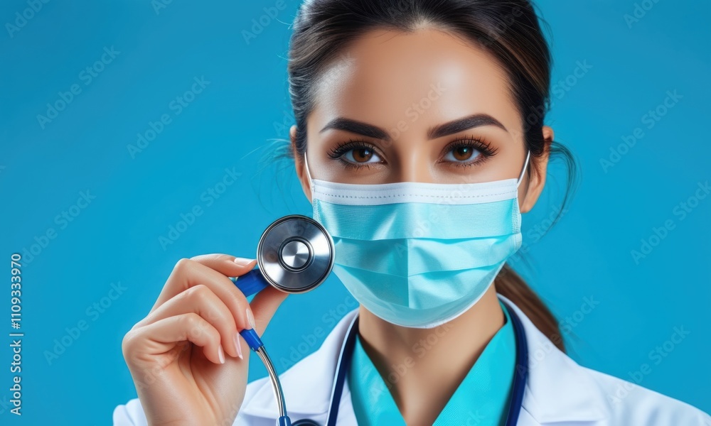 Confident doctor with mask holding stethoscope against blue background Confident doctor with mask holding stethoscope against blue background