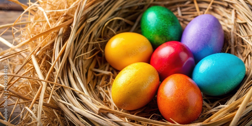 Vibrant colored Easter eggs nestled in a straw nest , Easter, colorful, spring, holiday, celebration, eggs, festive Vibrant colored Easter eggs nestled in a straw nest , Easter, colorful, spring, holiday, celebration, eggs, festive