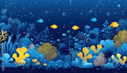 Fototapeta Naklejka Na Ścianę i Meble -  flat illustration of the underwater landscape with sea creatures, coral reefs and rocks.