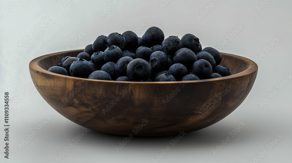 Fresh blueberries in a rustic wooden bowl, isolated against a clean white background Fresh blueberries in a rustic wooden bowl, isolated against a clean white background