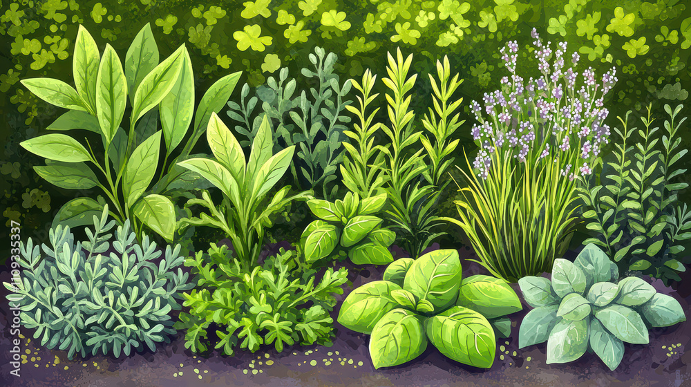 Fototapeta premium vibrant collection of various herbs and foliage, showcasing lush green leaves and delicate flowers, perfect for gardening enthusiasts and nature lovers