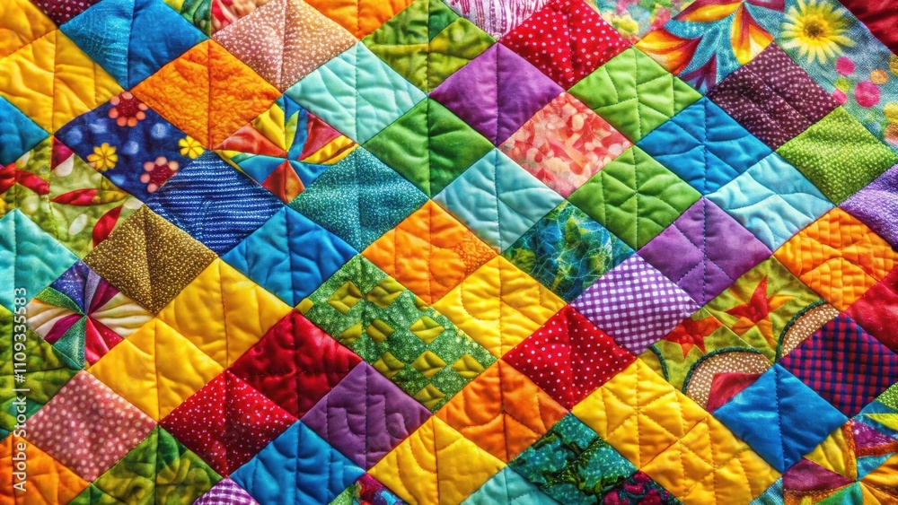 Close-up of a colorful quilt design , texture, pattern, fabric, close-up, handmade, stitching, cozy, blanket, craft Close-up of a colorful quilt design , texture, pattern, fabric, close-up, handmade, stitching, cozy, blanket, craft