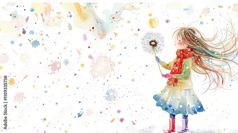 Fototapeta premium A cute little girl blowing on the dandelion flower