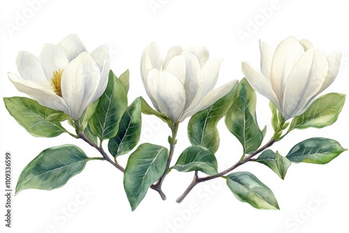 A detailed illustration of magnolia flowers with green leaves.