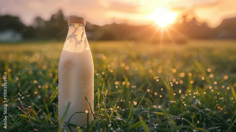 A glass bottle of milk stands in a grassy field, illuminated by the warm glow of a sunset. A glass bottle of milk stands in a grassy field, illuminated by the warm glow of a sunset.