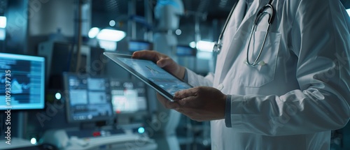Doctor using digital tablet and laptop in modern clinic, reviewing electronic medical records and connecting to global health network photo