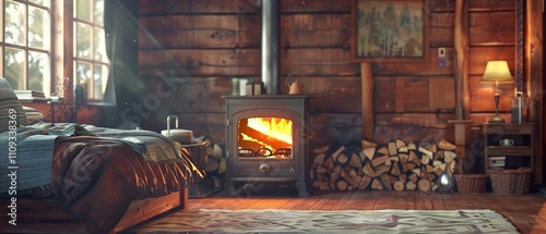 Cozy Rustic Cabin Room with Efficient Wood Burning Stove photo