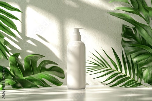A fresh and tropical-inspired cosmetic bottle displayed in a clean, minimalist environment to emphasize beauty and care