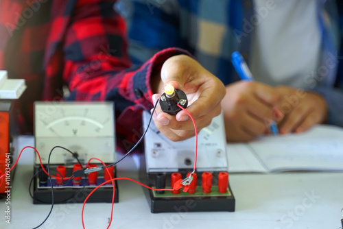 Students experiment with simple electronic circuits. Principles of traffic light circuits. Soft and selective focus.