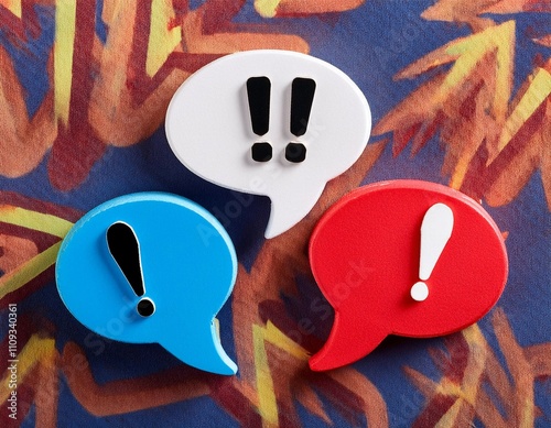 Conceptual symbols representing an argument and disagreement, featuring elements like speech bubbles, exclamation marks, and conflicting arrows, symbolizing debate, conflict, and opposing views. photo