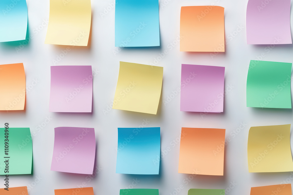 Colorful sticky notes arranged on wall create vibrant and organized display. pastel colors include yellow, blue, purple, orange, and green, adding cheerful touch to any workspace Colorful sticky notes arranged on wall create vibrant and organized display. pastel colors include yellow, blue, purple, orange, and green, adding cheerful touch to any workspace