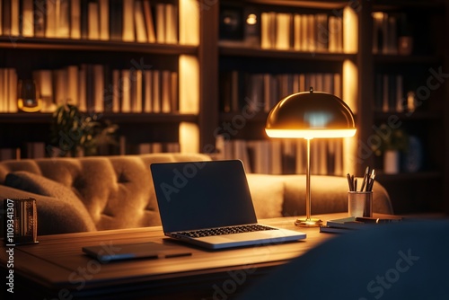 Modern Cozy Home Office with Warm Lighting. AI generated illustration