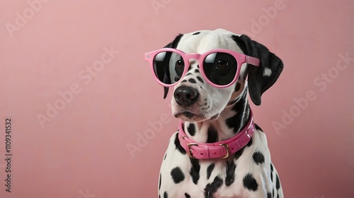 Fashionable Dalmatian in dark pink glasses in a cool pose, 8k Resolution