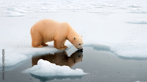 Polar bear drinking from a hole in the ice, reflecting survival in a harsh environment, 3D rendering photo