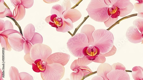 Floral watercolor pattern featuring blooming orchids perfect for fabric design and home decor