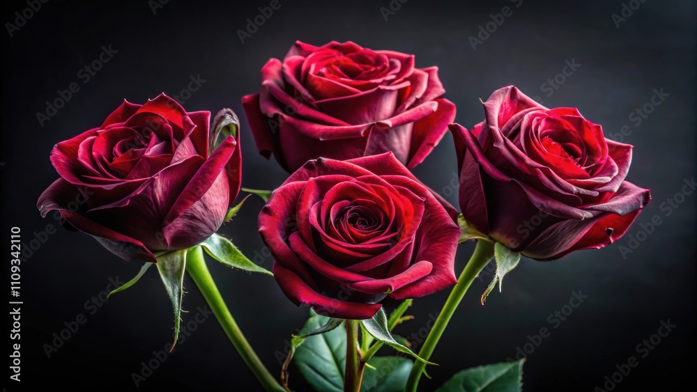 Obraz premium Close-up of four dark red roses with gray foliage on a black background , roses, flowers, dark red, close-up