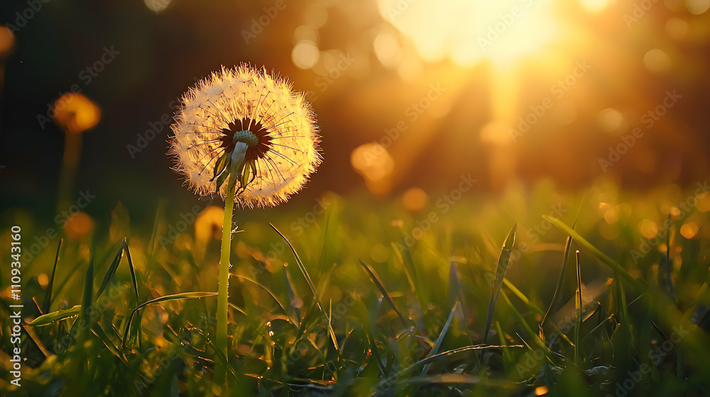 Golden Hour Dandelion In A Grassy Field