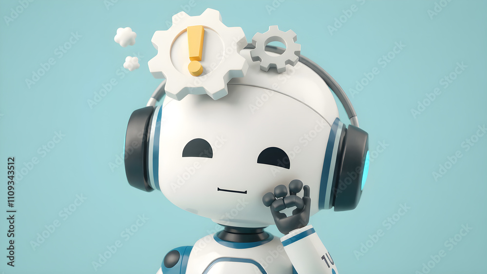 Robot with a thought bubble above its head.with a yellow exclamation mark.