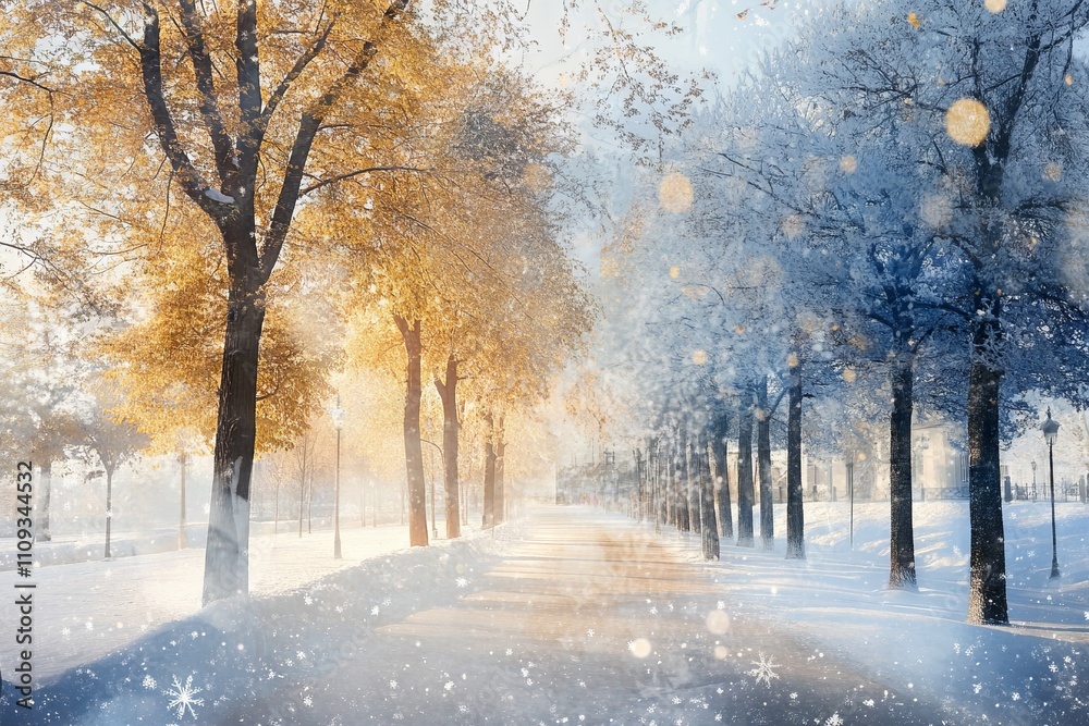 Magical Winter Park with Double Exposure and Fantasy Lighting. AI generated illustration Magical Winter Park with Double Exposure and Fantasy Lighting. AI generated illustration
