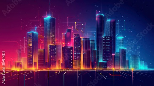 Wallpaper Mural Futuristic cityscape at night with glowing skyscrapers and digital network connections. Torontodigital.ca