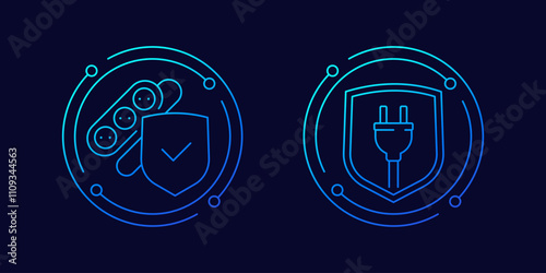 surge protector, power strip icons with electric plug and shield, linear design
