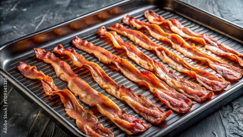 Crispy bacon strips sizzling on a tray, bacon, strips, sizzling, tray, crispy, breakfast, delicious, cooking, food, meal, meat, frying Crispy bacon strips sizzling on a tray, bacon, strips, sizzling, tray, crispy, breakfast, delicious, cooking, food, meal, meat, frying