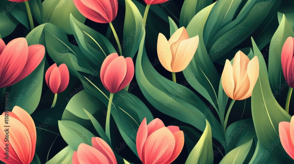 Obraz premium Seamless watercolor pattern of vibrant tulips and lush leaves on a spring inspired background perfect for textile and graphic design