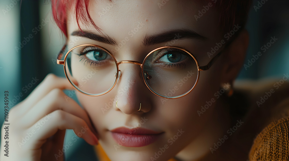 Fototapeta premium Young Woman With Red Hair Wearing Round Glasses