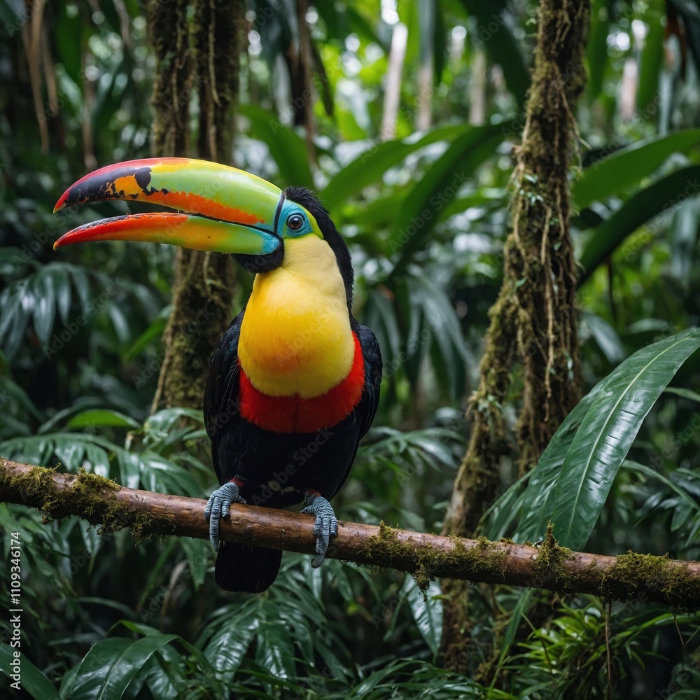 Fototapeta premium A parrot flying through a tropical forest with waterfalls in the background. 