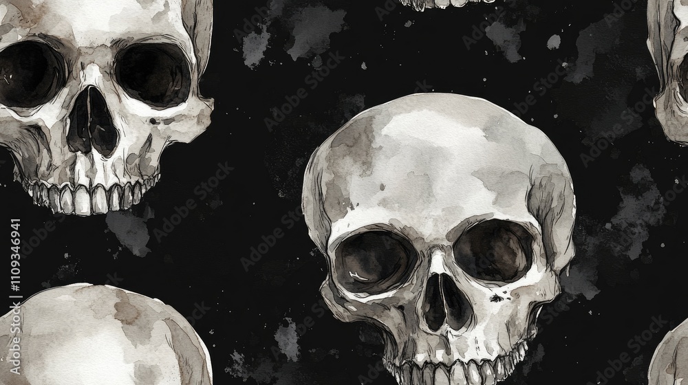 Seamless skull pattern on a black background ideal for t shirt design watercolor illustration Seamless skull pattern on a black background ideal for t shirt design watercolor illustration