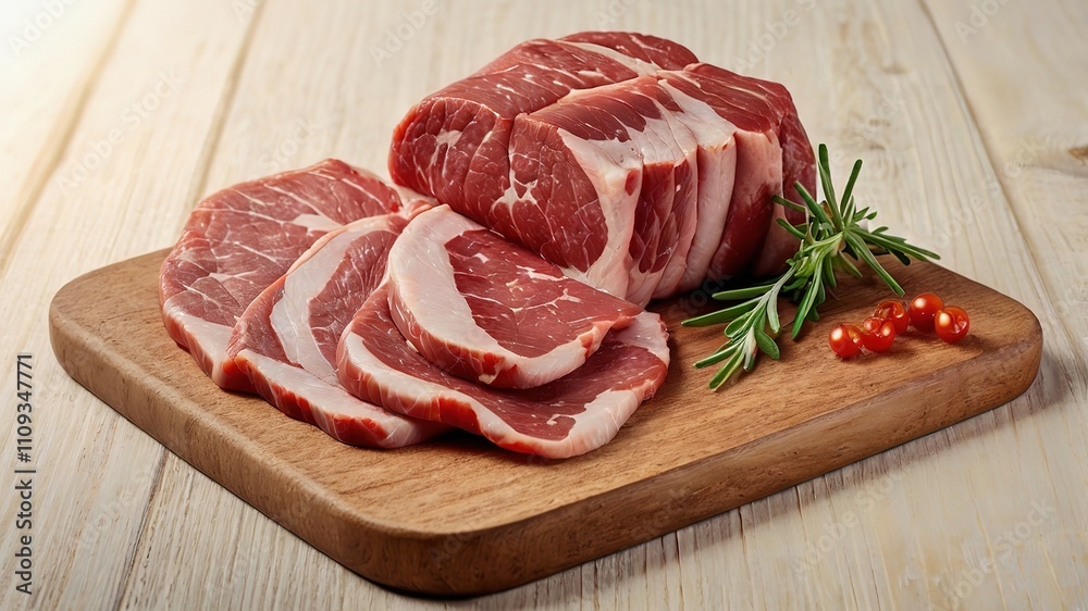 Cut sliced meat on wooden cutting board, 8k Resolution Cut sliced meat on wooden cutting board, 8k Resolution
