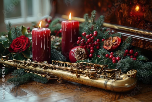 A Festive Saxophone surrounded by Candles and Beautiful Holiday Decorations for atmosphere