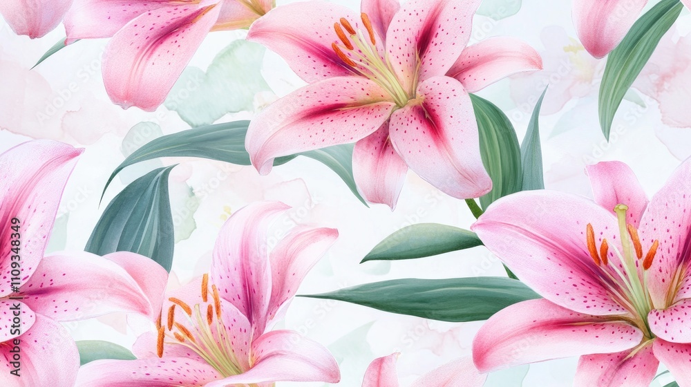 Seamless pattern featuring beautiful pink lilies delicately arranged ideal for wedding invitations and greeting cards floral design watercolor art Seamless pattern featuring beautiful pink lilies delicately arranged ideal for wedding invitations and greeting cards floral design watercolor art