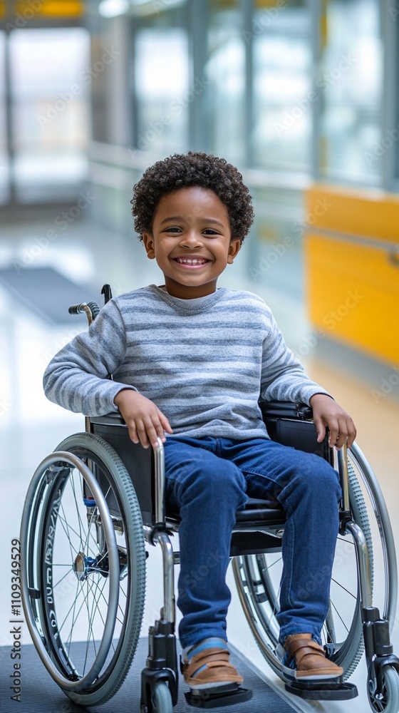 Happy young boy in a wheelchair smiling warmly in a bright corridor, embracing positivity and resilience, symbolizing empowerment and inclusivity in everyday life. Happy young boy in a wheelchair smiling warmly in a bright corridor, embracing positivity and resilience, symbolizing empowerment and inclusivity in everyday life.